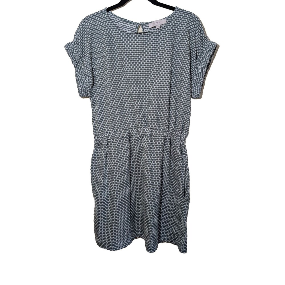 LOFT Geo Mini Pocket Tee Dress Textured Short Sleeve Elastic Waist Size Medium